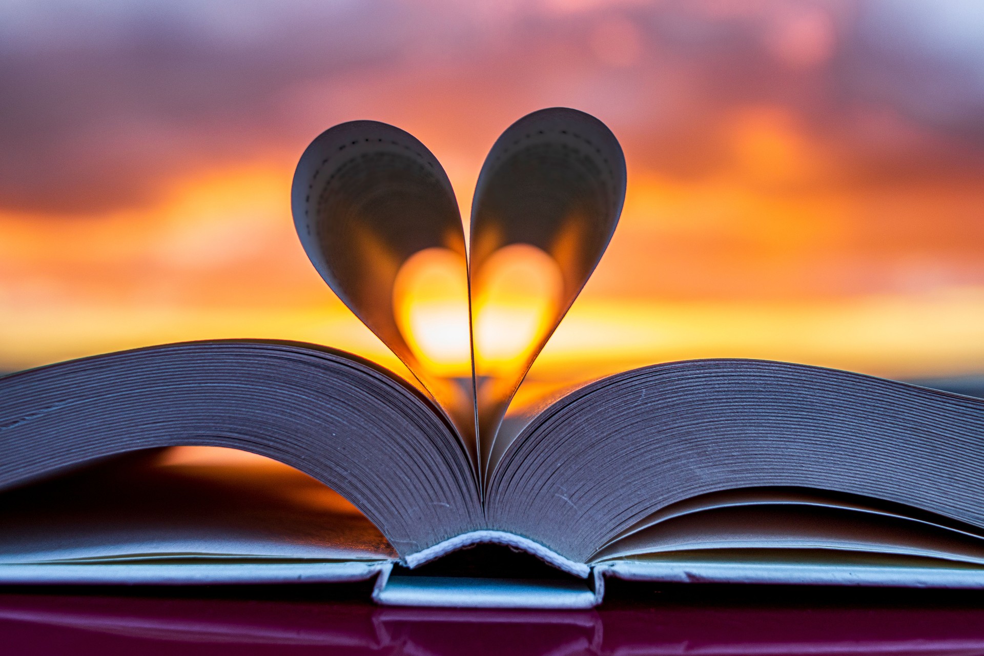 Heart silhouette with an open book at sunset
